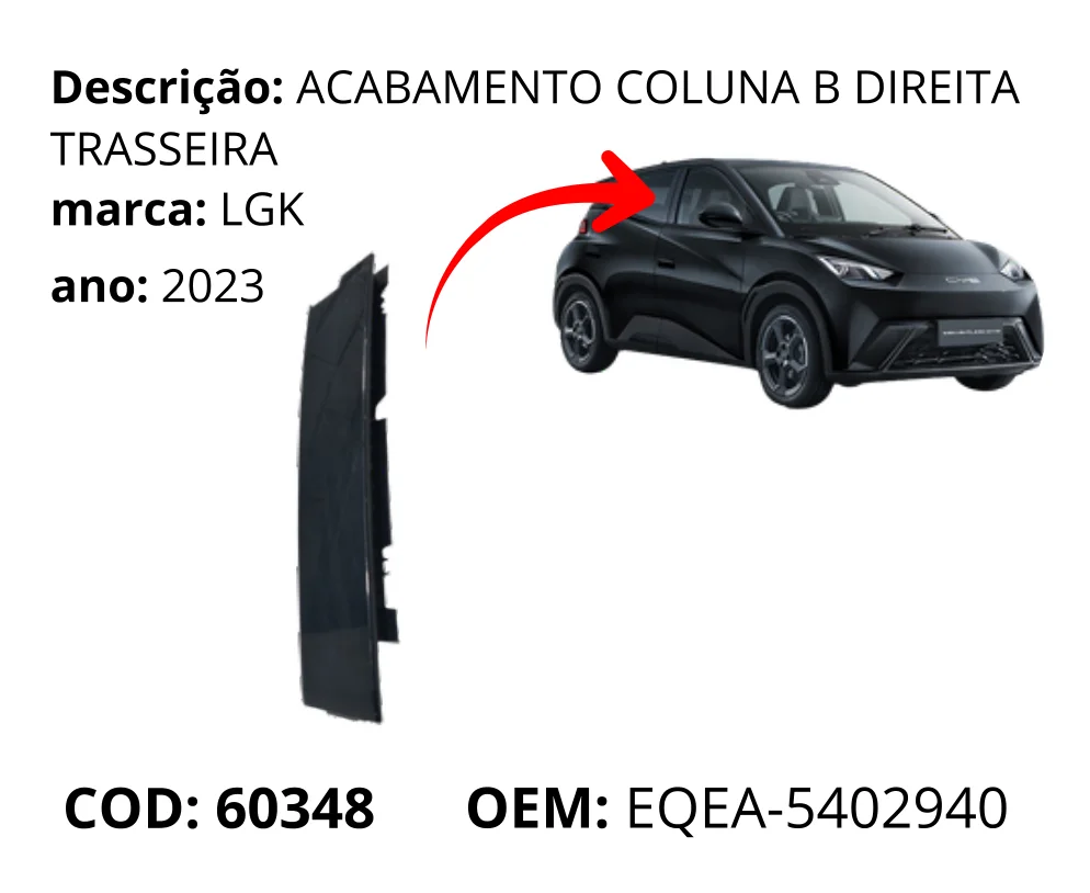 Acabamento Coluna B Direita Traseira original para BYD Dolphin Mini, lado direito, AutoVoltz