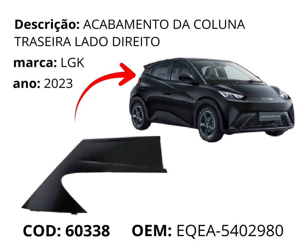 Acabamento da Coluna Traseira Lado Direito original para BYD Dolphin Mini, lado direito, AutoVoltz
