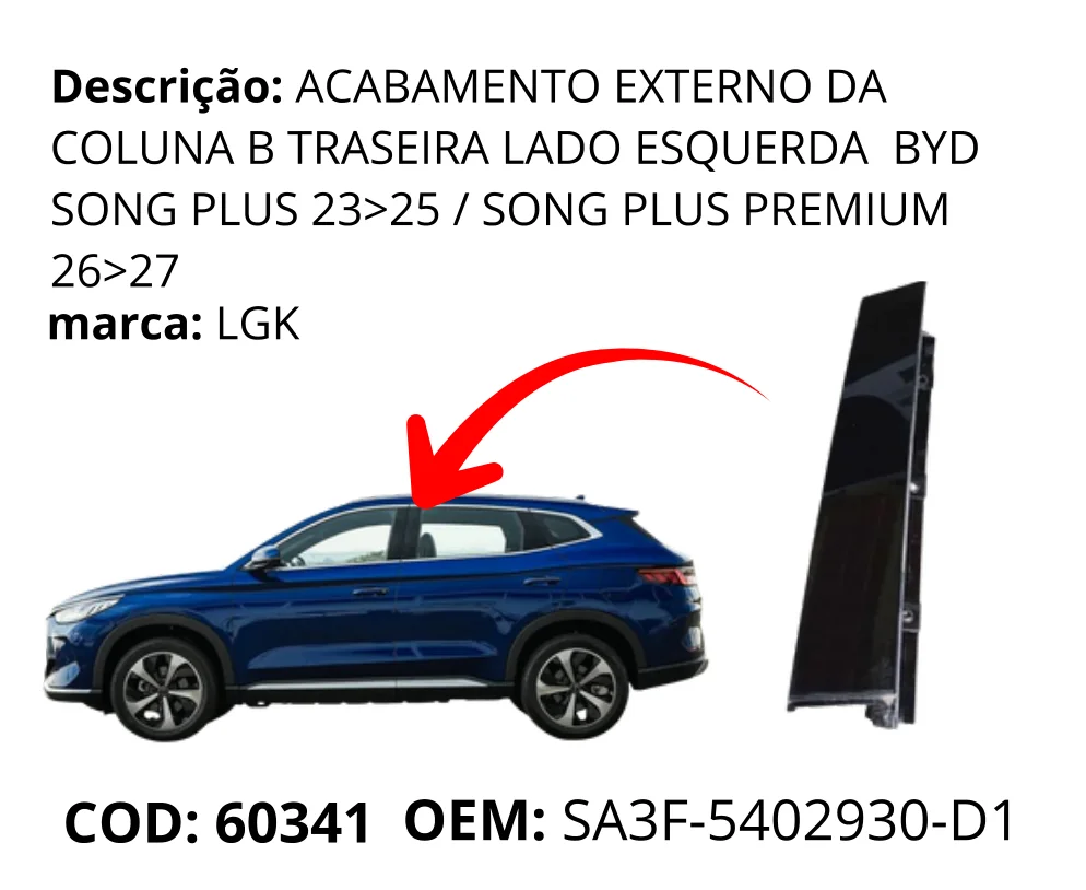 Acabamento Externo da Coluna B Traseira Lado Esquerdo original para BYD Song Plus DM-i, lado esquerdo, AutoVoltz