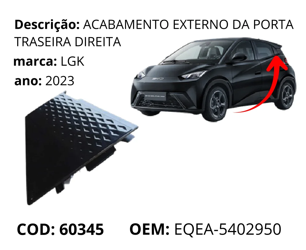 Acabamento Externo da Porta Traseira Direita original para BYD Dolphin Mini, lado direito, AutoVoltz