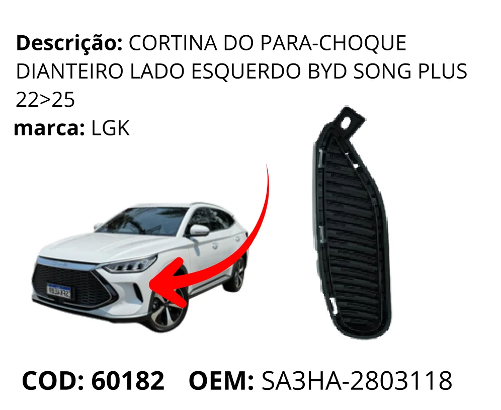 Cortina do Para-choque Dianteiro Lado Esquerdo original para BYD Song Plus DM-i, lado esquerdo, AutoVoltz