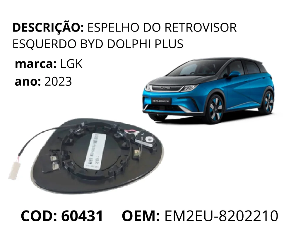 Espelho do Retrovisor Esquerdo Dolphin Plus original para BYD Dolphin GS/Plus, lado esquerdo, AutoVoltz