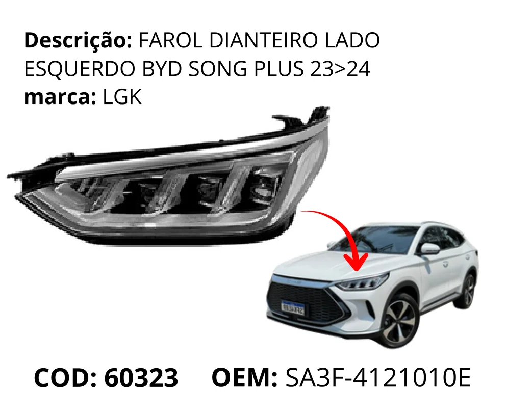 Farol Dianteiro Lado Esquerdo original para BYD Song Plus DM-i, lado esquerdo, AutoVoltz