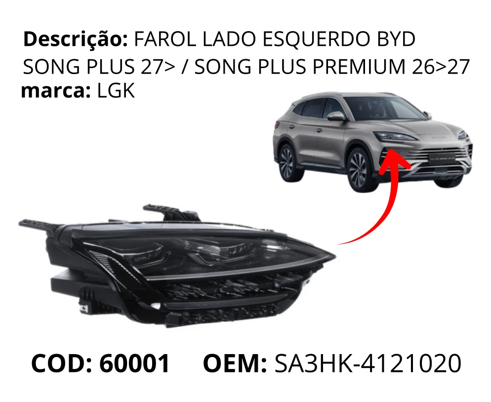 Farol Lado Esquerdo original para BYD Song Plus Premium, lado esquerdo, AutoVoltz