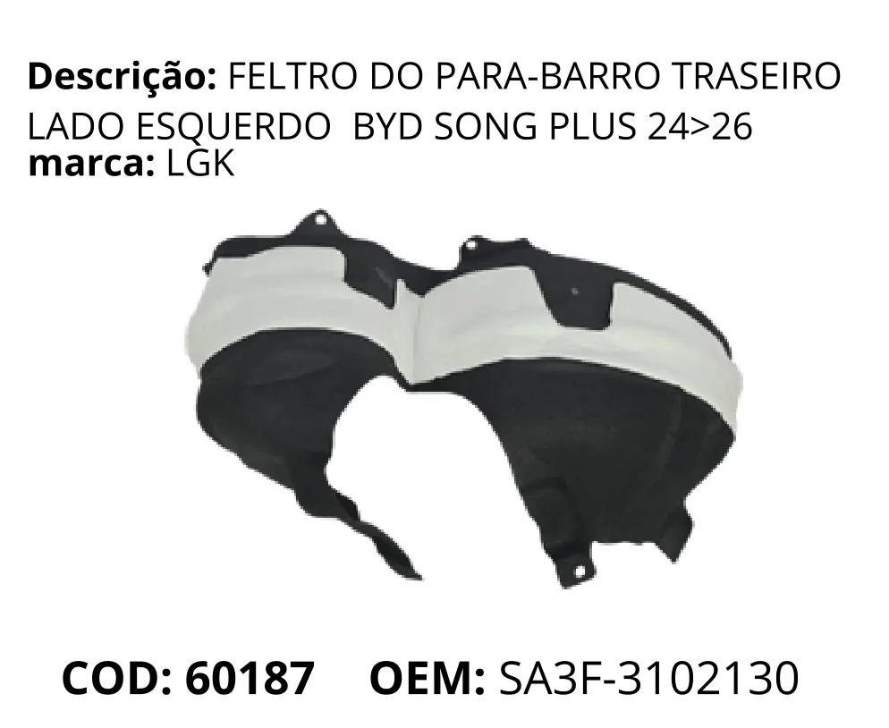 Feltro do Para-barro Lado Esquerdo original para BYD Song Plus DM-i, lado esquerdo, AutoVoltz