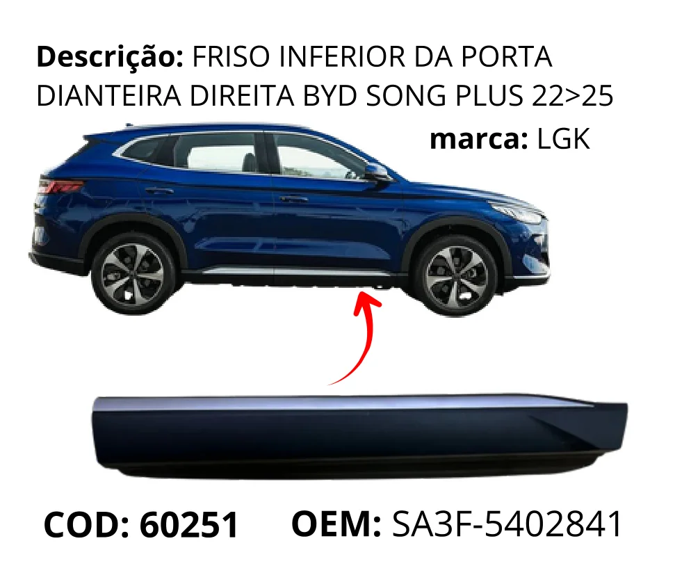 Friso Inferior da Porta Dianteira Direita original para BYD Song Plus DM-i, lado direito, AutoVoltz