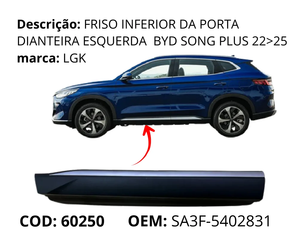 Friso Inferior da Porta Dianteira Esquerda original para BYD Song Plus DM-i, lado esquerdo, AutoVoltz