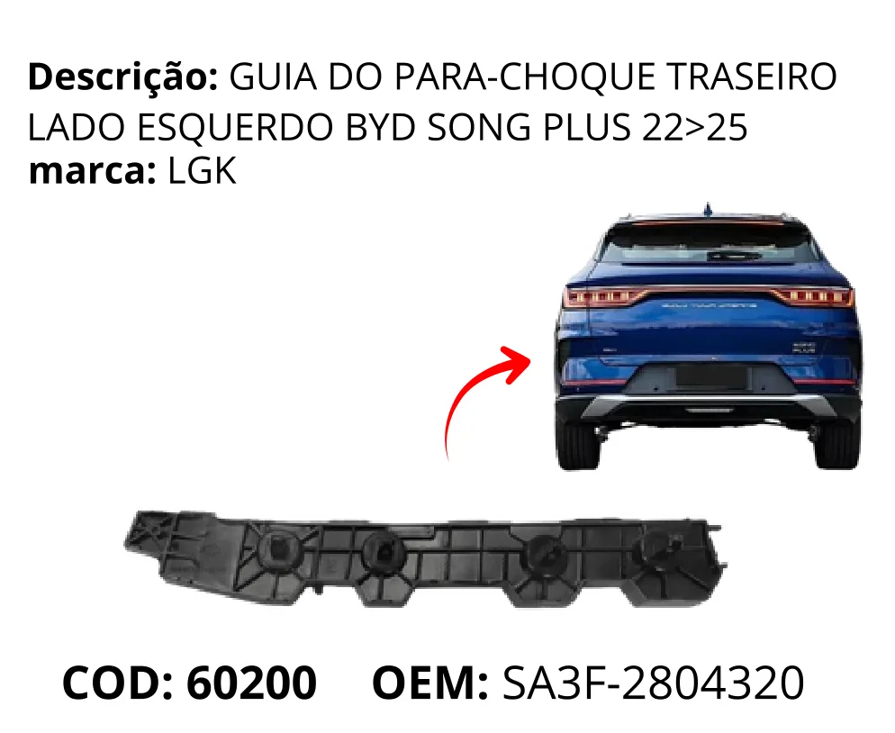 Guia do Para-choque Traseiro Lado Esquerdo original para BYD Song Plus DM-i, lado esquerdo, AutoVoltz