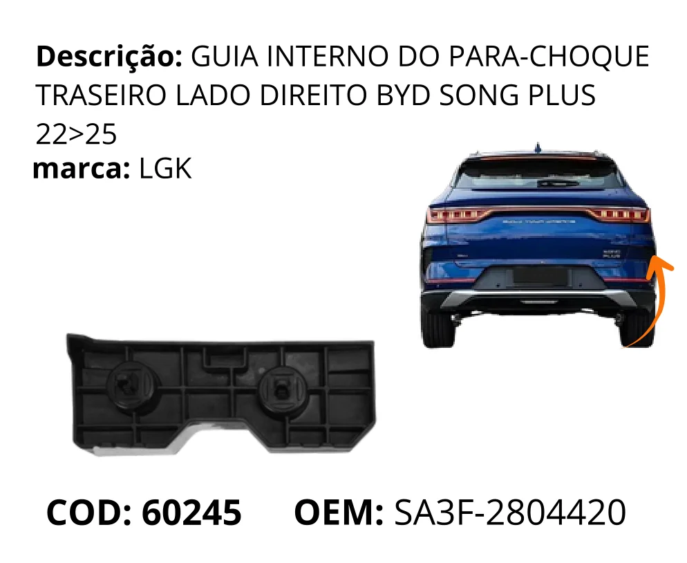 Guia Interno do Para-choque Traseiro Lado Direito original para BYD Song Plus DM-i, lado direito, AutoVoltz