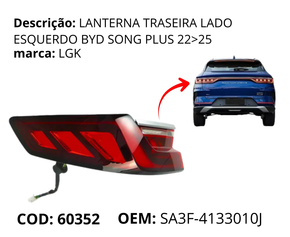 Lanterna Traseira Lado Esquerdo original para BYD Song Plus DM-i, lado esquerdo, AutoVoltz