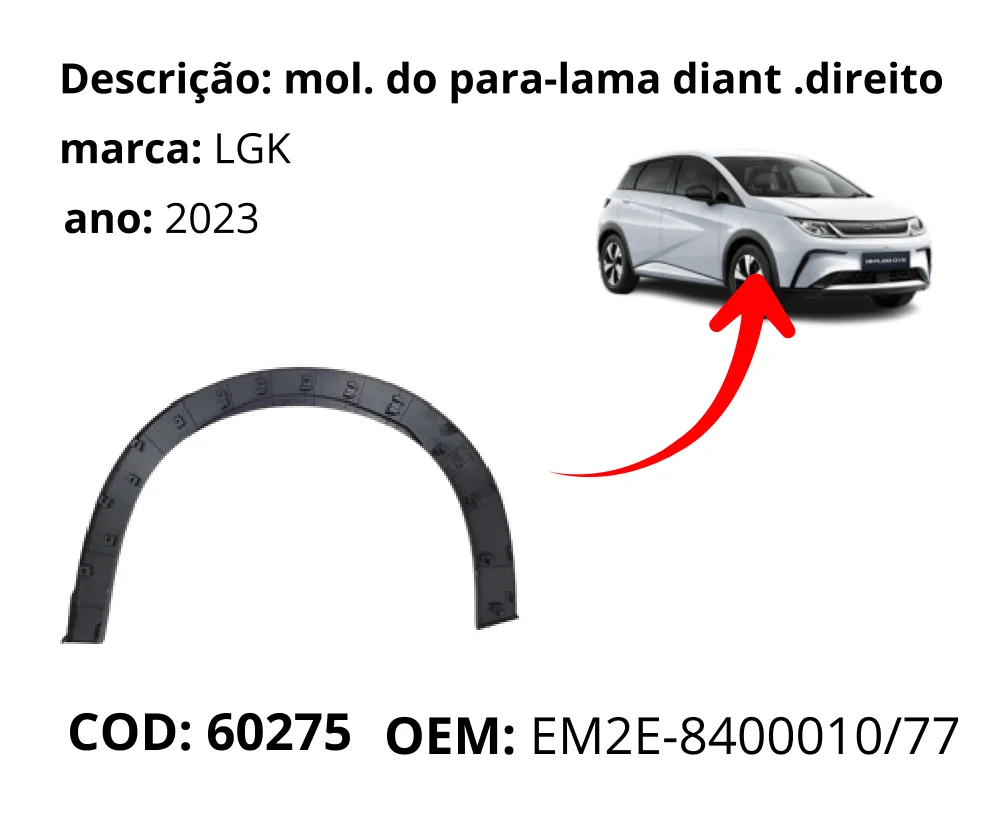 Moldura do Para-lama Dianteiro Direito original para BYD Dolphin GS/Plus, lado direito, AutoVoltz