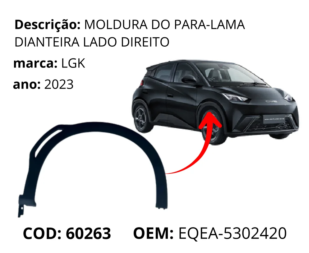 Moldura do Para-lama Dianteira Lado Direito original para BYD Dolphin Mini, lado direito, AutoVoltz