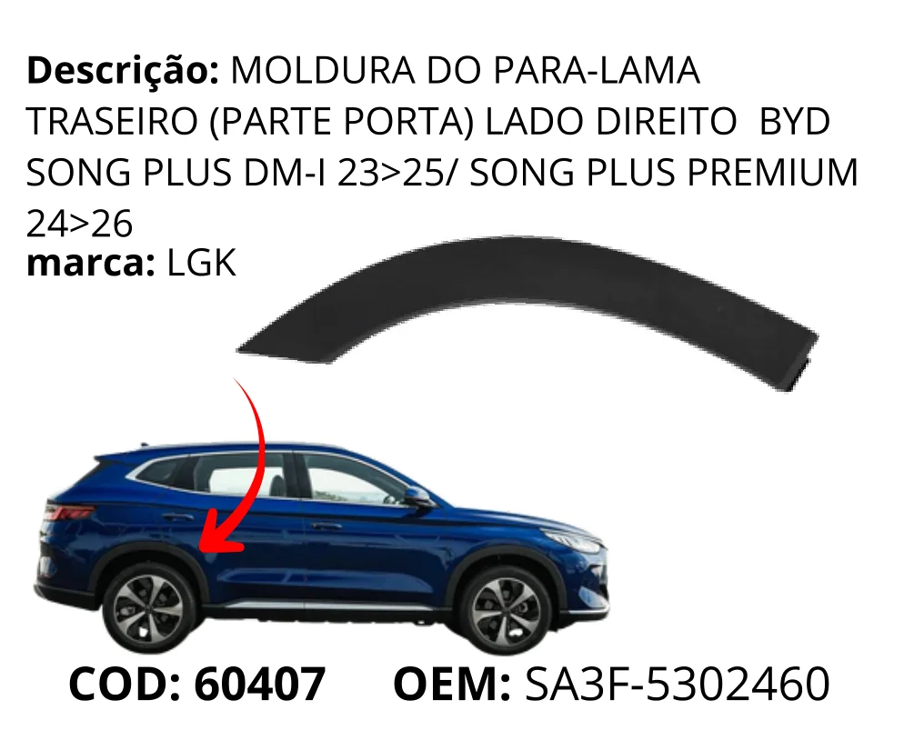 Moldura do Para-lama Traseiro (Parte Porta) Lado Direito original para BYD Song Plus DM-i, lado direito, AutoVoltz