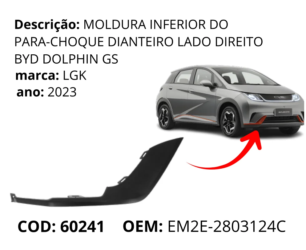 Moldura Inferior do Para-choque Dianteiro Lado Direito Dolphin GS original para BYD Dolphin GS/Plus, lado direito, AutoVoltz