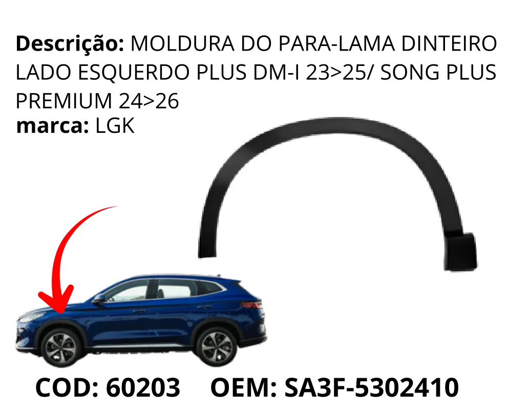 Moldura do Para-lama Dianteiro Lado Esquerdo original para BYD Song Plus DM-i, lado esquerdo, AutoVoltz