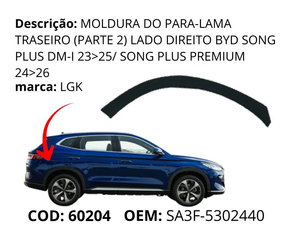 Moldura do Para-lama Traseiro (Parte 2) Lado Direito original para BYD Song Plus DM-i, lado direito, AutoVoltz