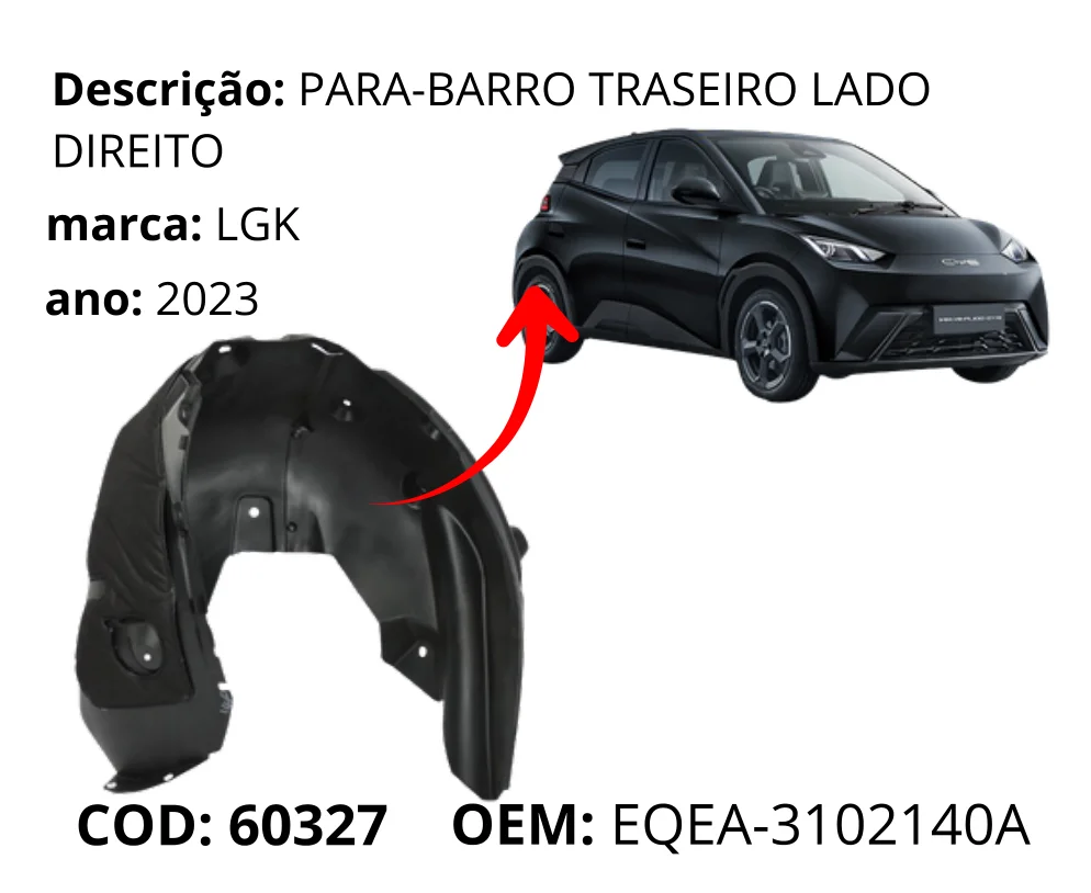 Para-barro Traseiro Lado Direito original para BYD Dolphin Mini, lado direito, AutoVoltz