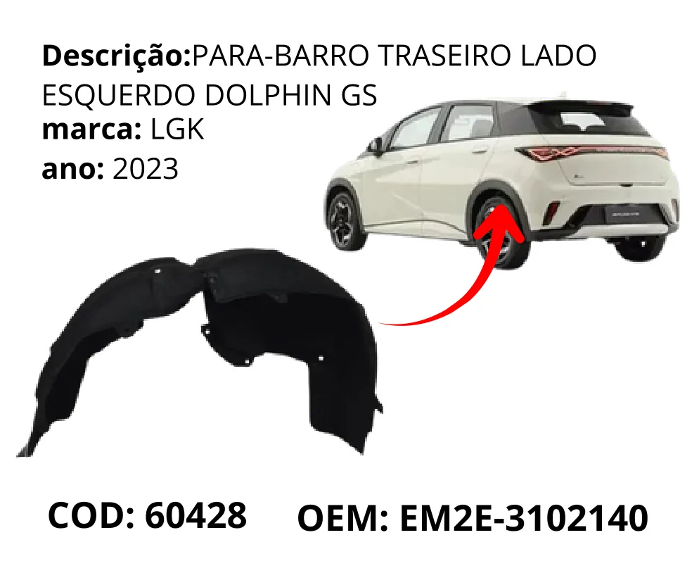Para-barro Traseiro Lado Esquerdo original para BYD Dolphin GS/Plus, lado esquerdo, AutoVoltz