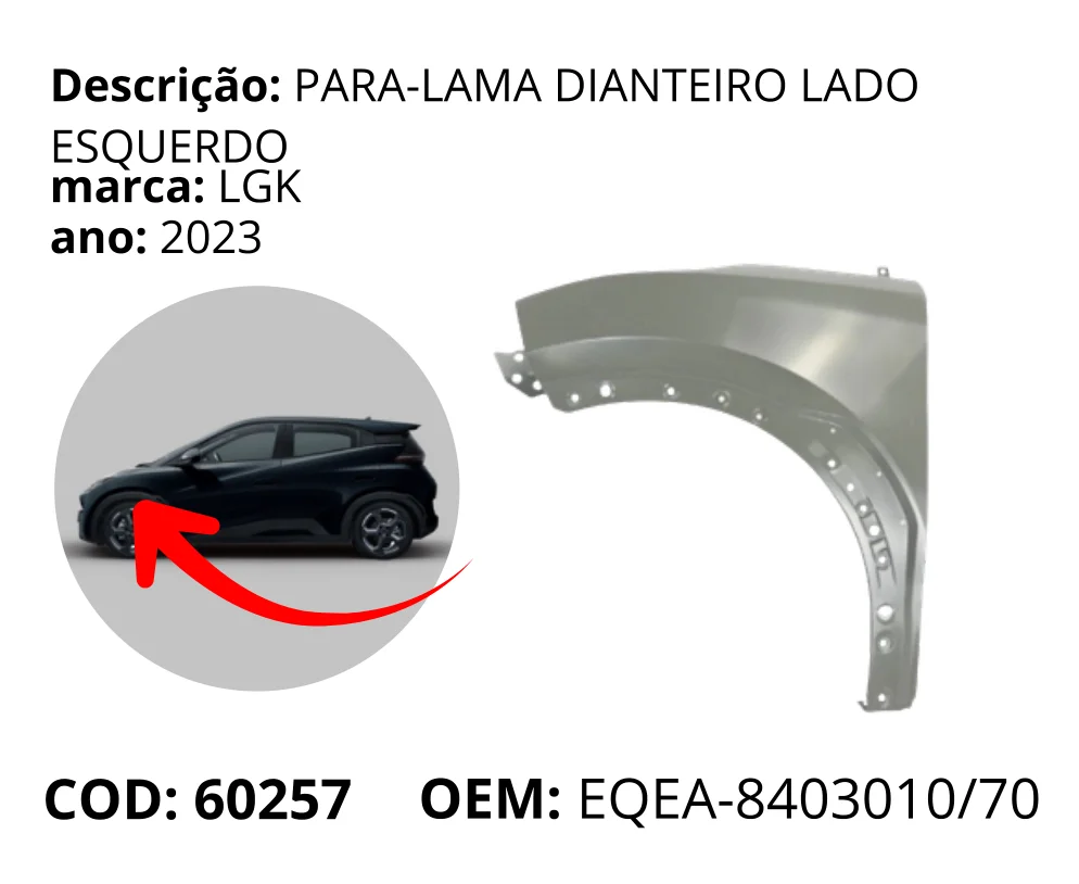 Para-lama Dianteiro Lado Esquerdo original para BYD Dolphin Mini, lado esquerdo, AutoVoltz