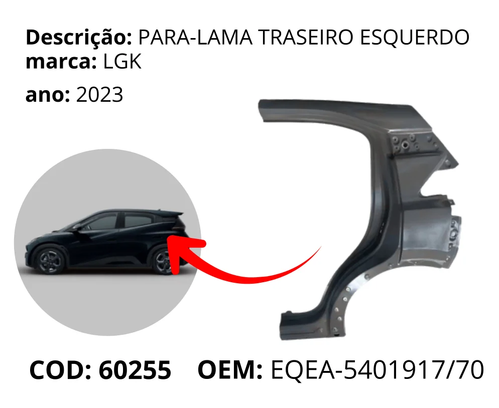 Para-lama Traseiro Esquerdo original para BYD Dolphin Mini, lado esquerdo, AutoVoltz