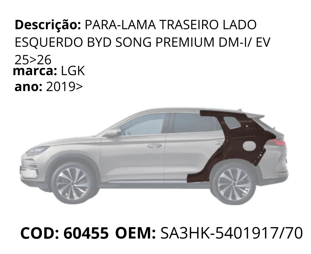 Para-lama Traseiro Lado Esquerdo original para BYD Song Plus Premium, lado esquerdo, AutoVoltz