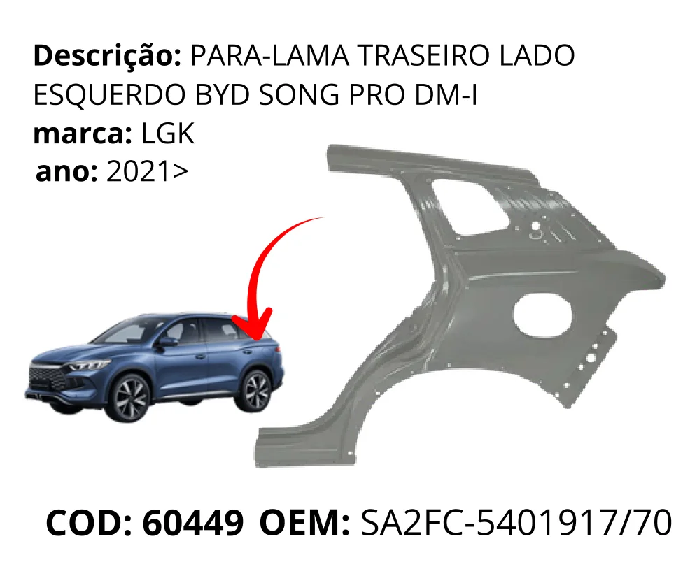 Para-lama Traseiro Lado Esquerdo original para BYD Song Pro, lado esquerdo, AutoVoltz