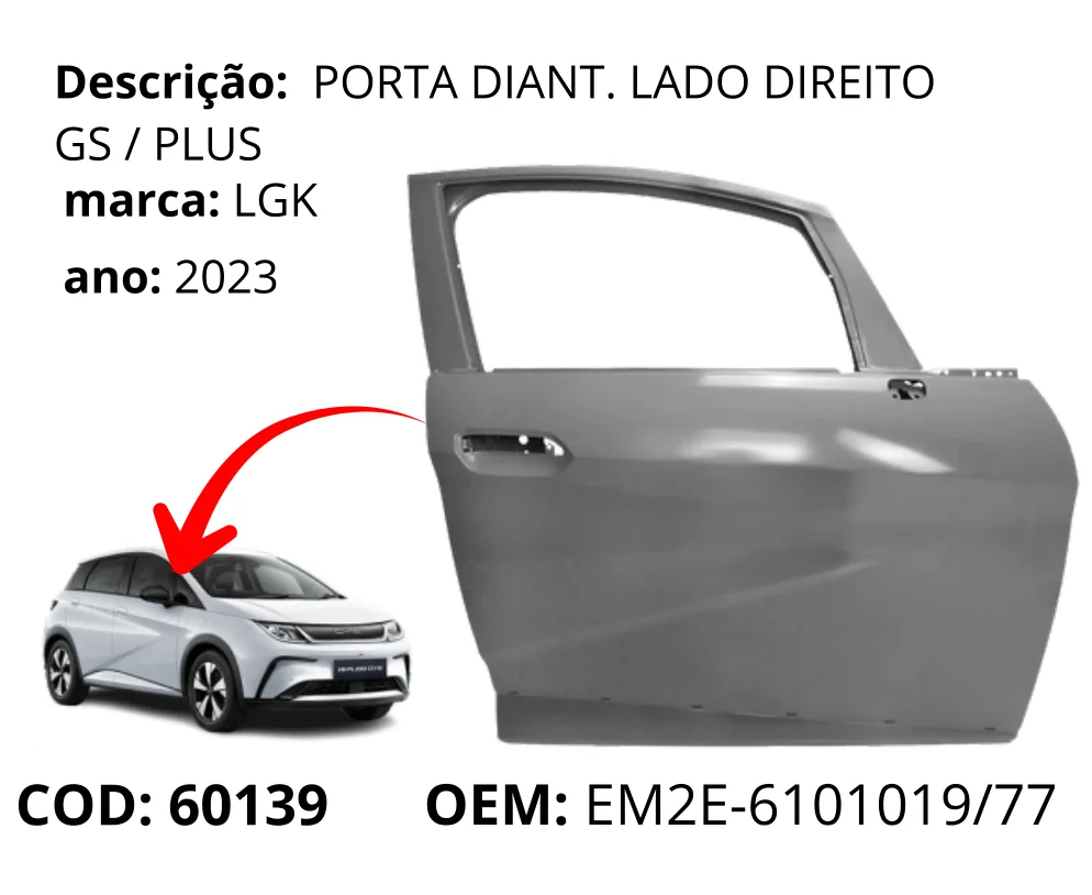 Porta Dianteira Lado Direito original para BYD Dolphin GS/Plus, lado direito, AutoVoltz