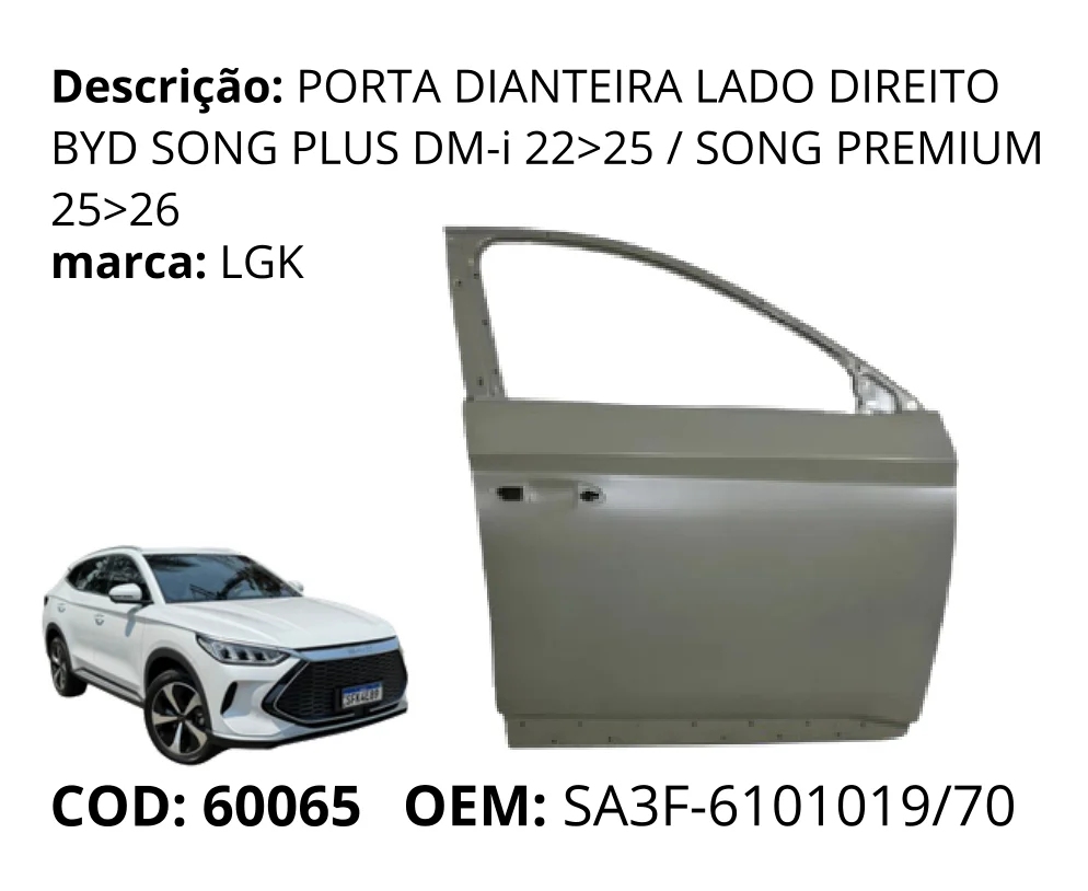 Porta Dianteira Lado Direito original para BYD Song Plus DM-i, lado direito, AutoVoltz