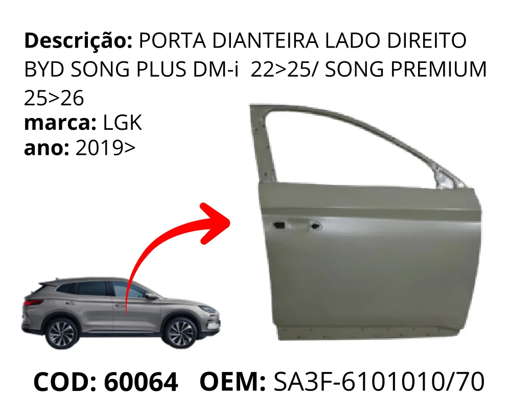 Porta Dianteira Lado Esquerdo original para BYD Song Plus Premium, lado esquerdo, AutoVoltz
