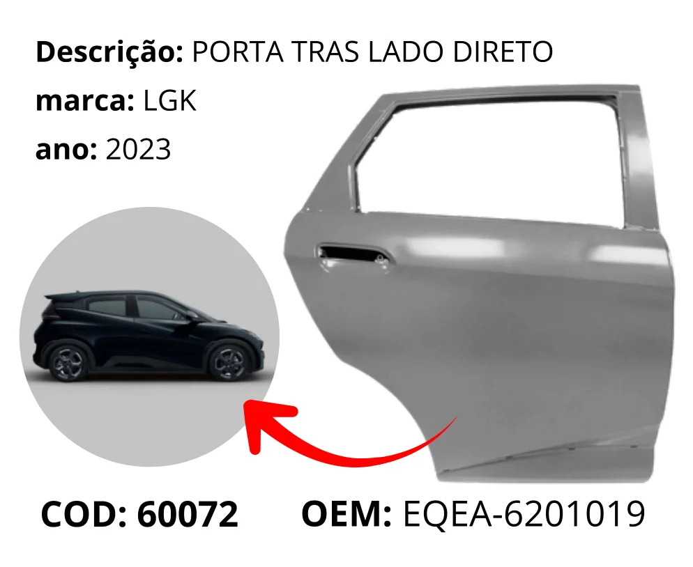 Porta Traseira Lado Direito original para BYD Dolphin Mini, lado direito, AutoVoltz