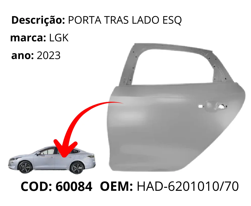 Porta Traseira Lado Esquerdo original para BYD King, lado esquerdo, AutoVoltz
