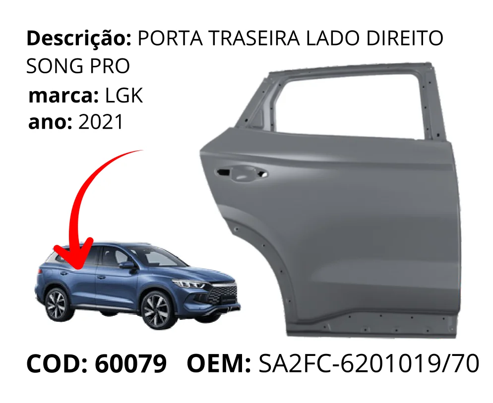 Porta Traseira Lado Direito original para BYD Song Pro, lado direito, AutoVoltz