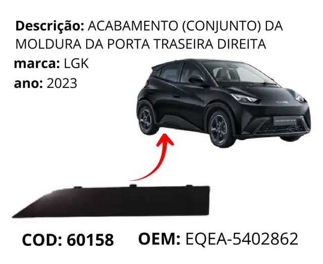 Acabamento (conjunto) da Moldura da Porta Traseira Direita original para BYD Dolphin Mini, AutoVoltz