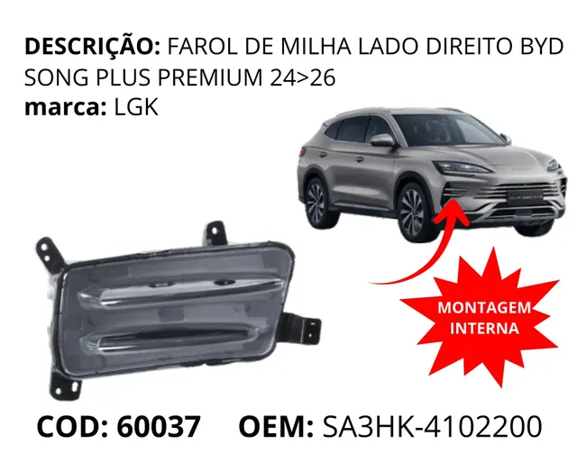 Farol de Milha Lado Direito original para BYD Song Plus Premium, AutoVoltz