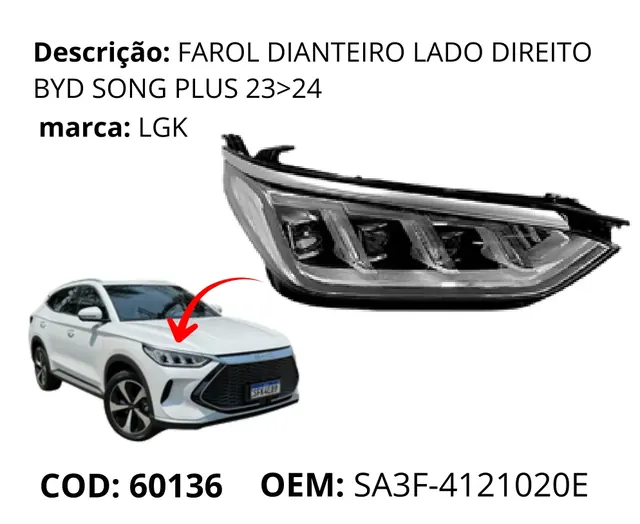 Farol Dianteiro Lado Direito original para BYD Song Plus DM-i, AutoVoltz