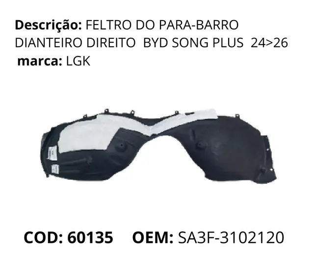 Feltro do Para-barro Dianteiro Lado Esquerdo original para BYD Song Plus DM-i, AutoVoltz