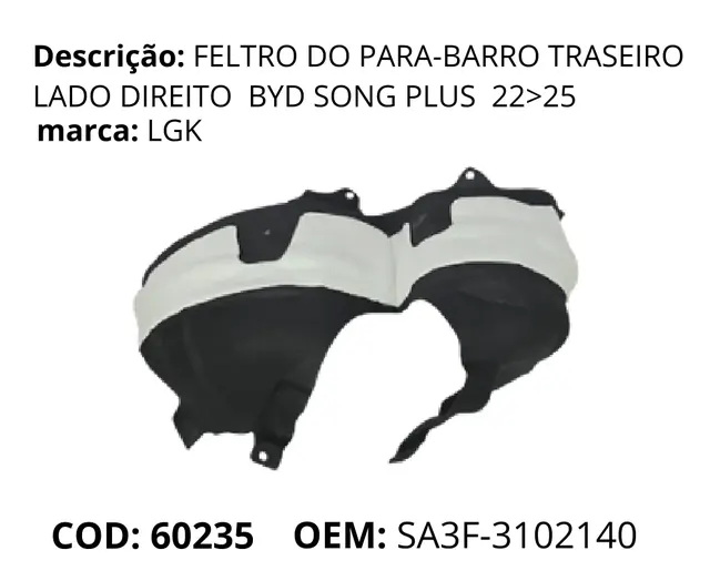 Feltro do Para-barro Traseiro Lado Direito original para BYD Song Plus DM-i, AutoVoltz