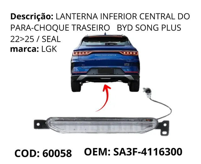 Lanterna Inferior Central do Para-choque Traseiro original para BYD Song Plus DM-i, AutoVoltz