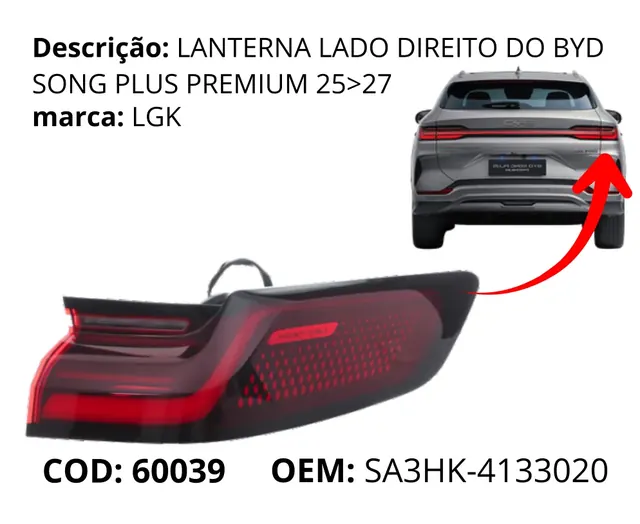 Lanterna Lado Direito original para BYD Song Plus Premium, AutoVoltz