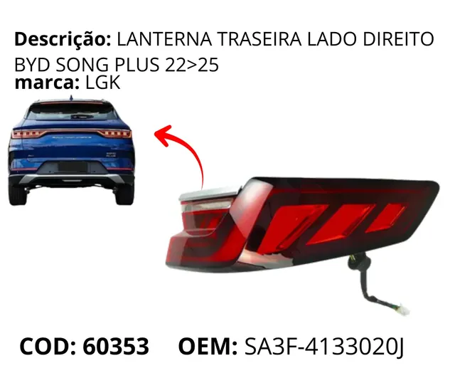 Lanterna Traseira Lado Direito original para BYD Song Plus DM-i, AutoVoltz