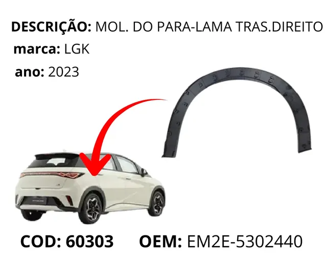 Moldura do Para-lama Traseiro Lado Direito Dolphin GS original para BYD Dolphin GS/Plus, AutoVoltz