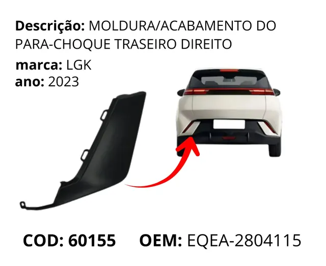 Moldura/Acabamento do Para-choque Traseiro Direito original para BYD Dolphin Mini, AutoVoltz