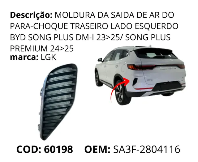 Moldura da Saida de Ar do Para-choque Traseiro Lado Esquerdo original para BYD Song Plus DM-i, AutoVoltz