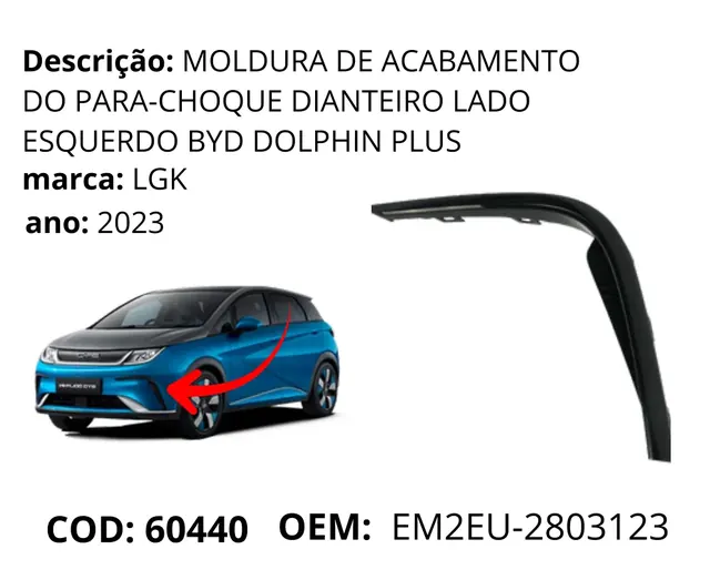 Moldura de Acabamento do Para-choque Dianteiro Lado Esquerdo original para BYD Dolphin GS/Plus, AutoVoltz