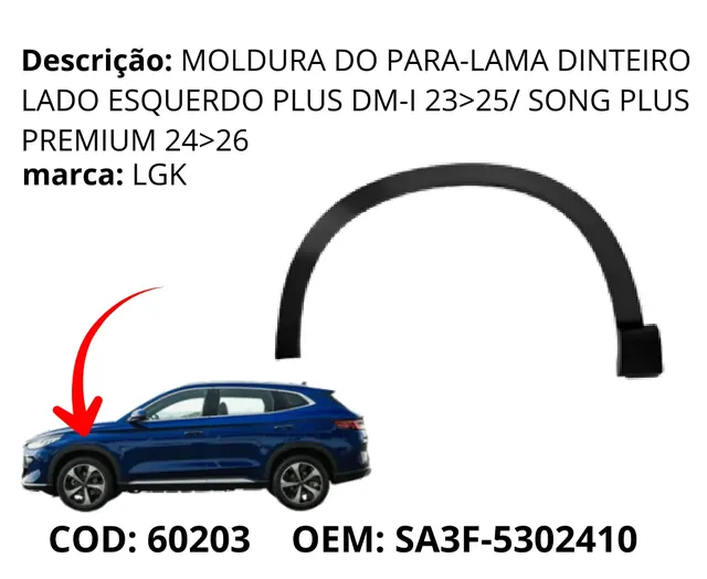 Moldura do Para-lama Dianteiro Lado Esquerdo original para BYD Song Plus DM-i, AutoVoltz