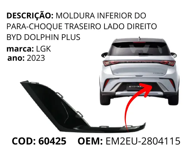 Moldura Inferior do Para-choque Traseiro Lado Esquerdo Dolphin Plus original para BYD Dolphin GS/Plus, AutoVoltz