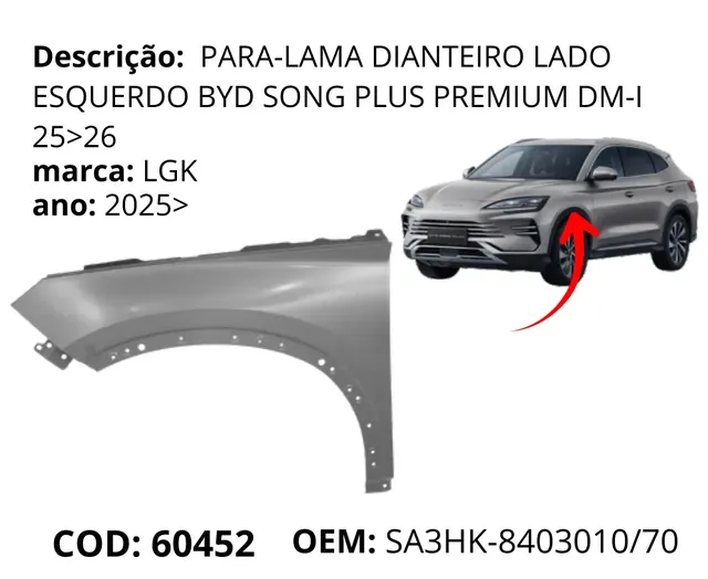 Para-lama Dianteiro Lado Esquerdo original para BYD Song Plus Premium, AutoVoltz