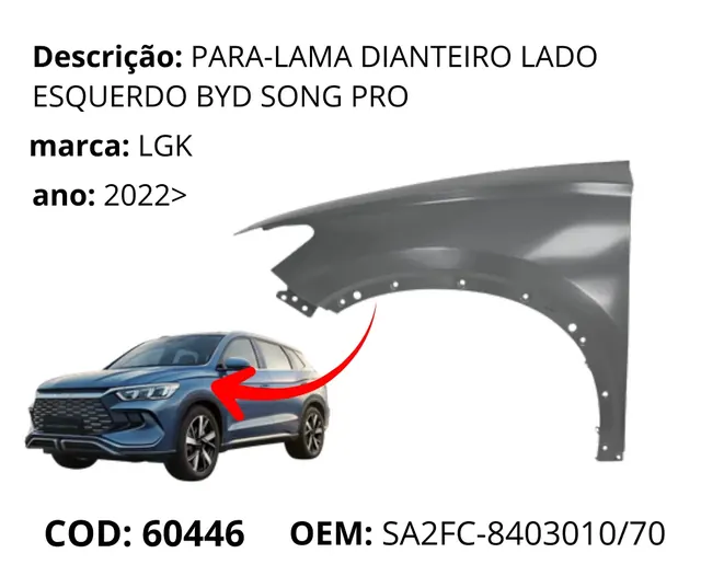 Para-lama Dianteiro Lado Esquerdo original para BYD Song Pro, AutoVoltz