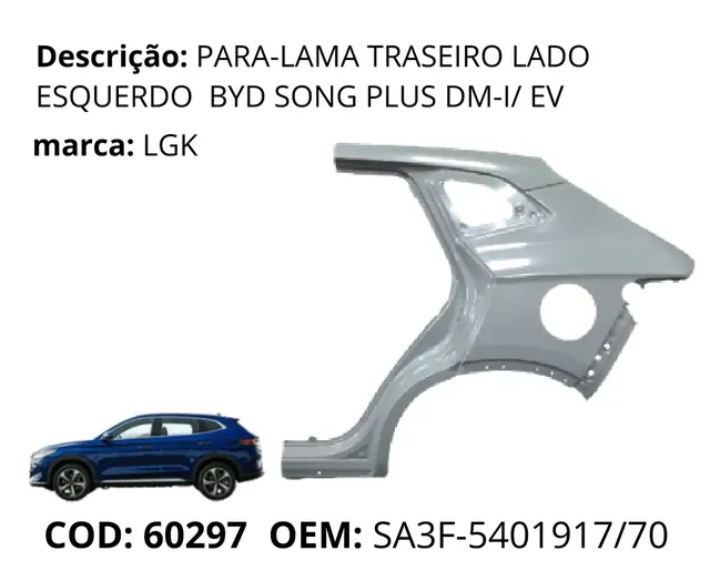 Para-lama Traseiro Lado Esquerdo original para BYD Song Plus DM-i, AutoVoltz