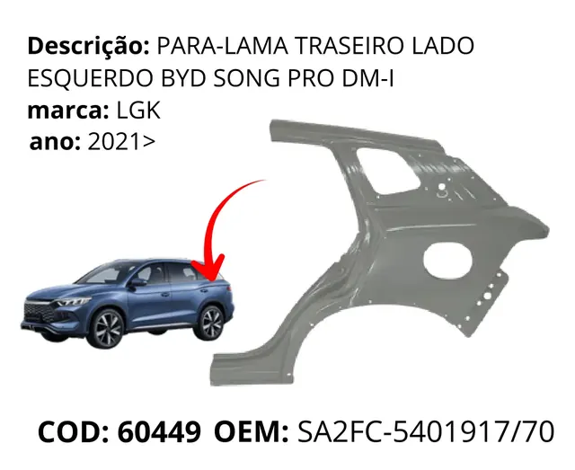 Para-lama Traseiro Lado Esquerdo original para BYD Song Pro, AutoVoltz